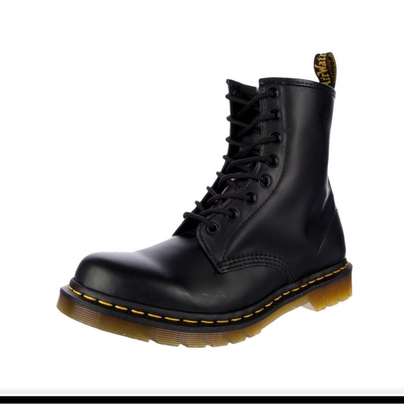 Dr. Martens Black Leather Combat Boots with Yellow Stitching - Picture 2 of 7